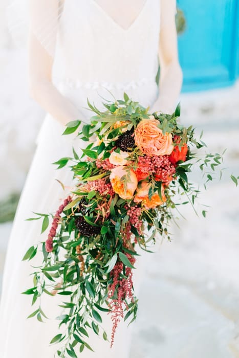 Wedding bridal bouquet shot in Mykonos island.
