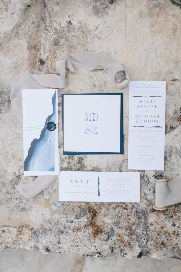Image of a designer wedding stationery styled and photographed on a wedding day in Metohi Kindelis, Chania, Crete.