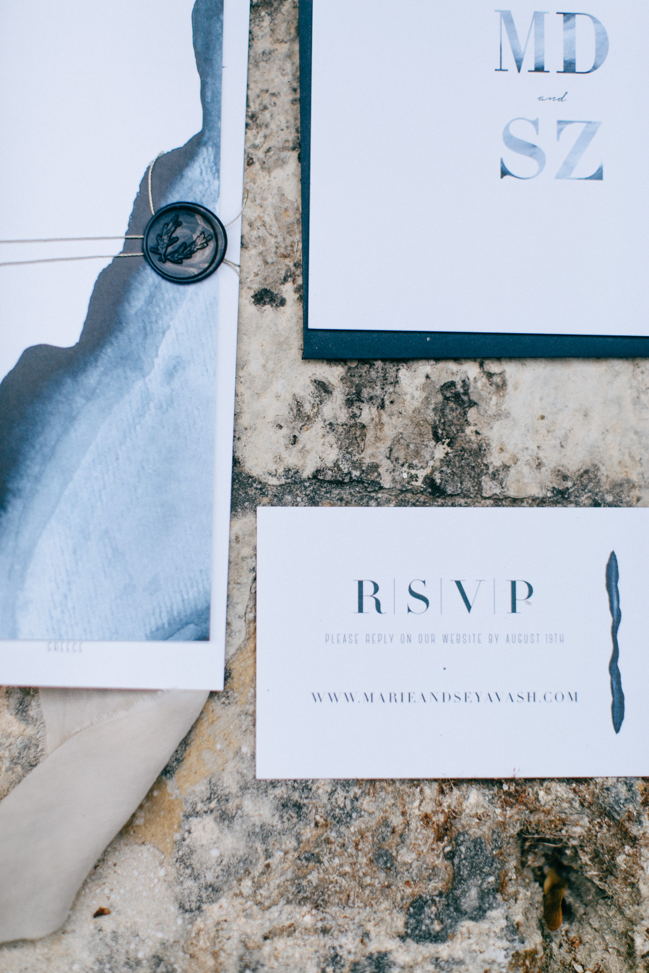 Image of a designer wedding stationery styled and photographed on a wedding day in Metohi Kindelis, Chania, Crete.