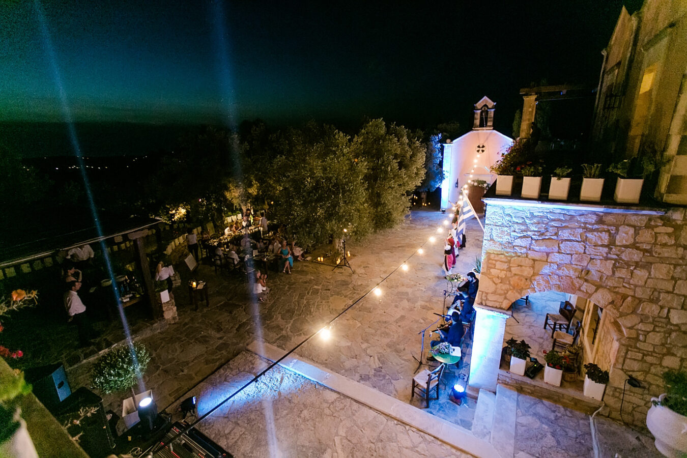 Night view of the wedding reception setup in Agreco Farm, Crete, Greece.