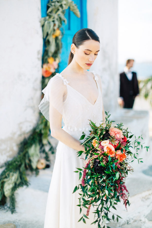 Beautiful modern bride at her wedding in Mykonos island, Greece.