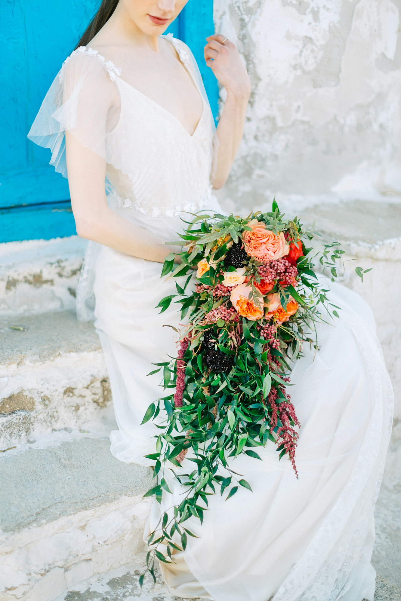 Wedding bridal bouquet shot in Mykonos island.