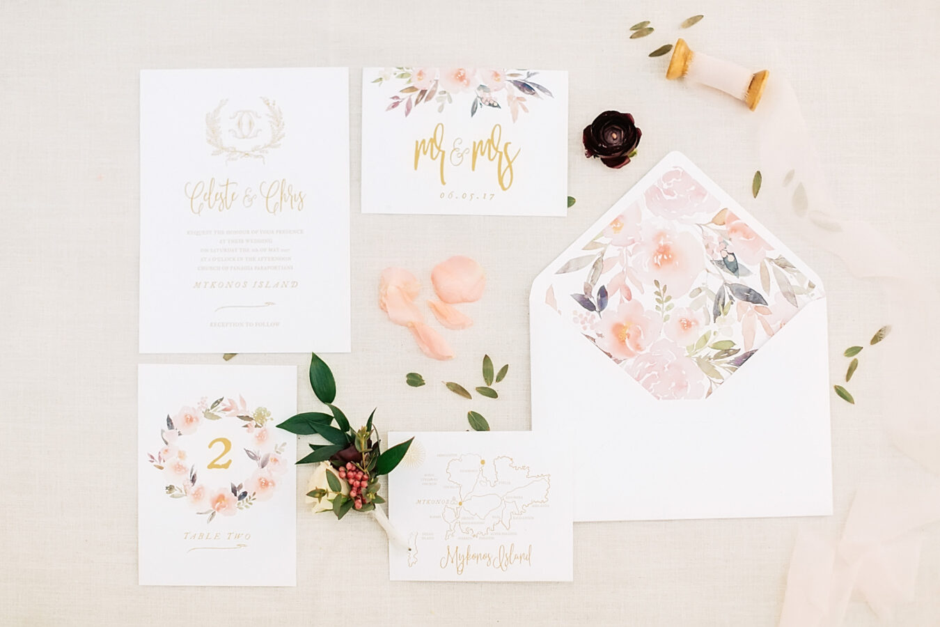Destination wedding stationery set for Mykonos island wedding. Wedding invitation and details.