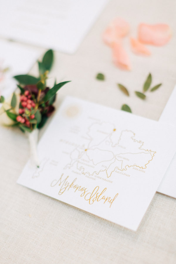 Destination wedding stationery set for Mykonos island wedding. Wedding invitation and details.