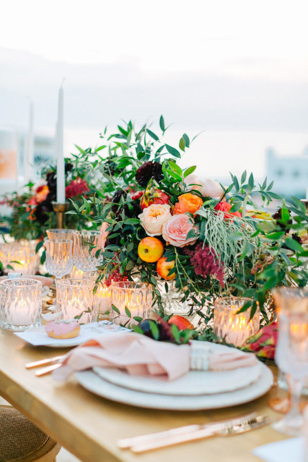 Wedding table decoration set up in Mykonos island, Greece.