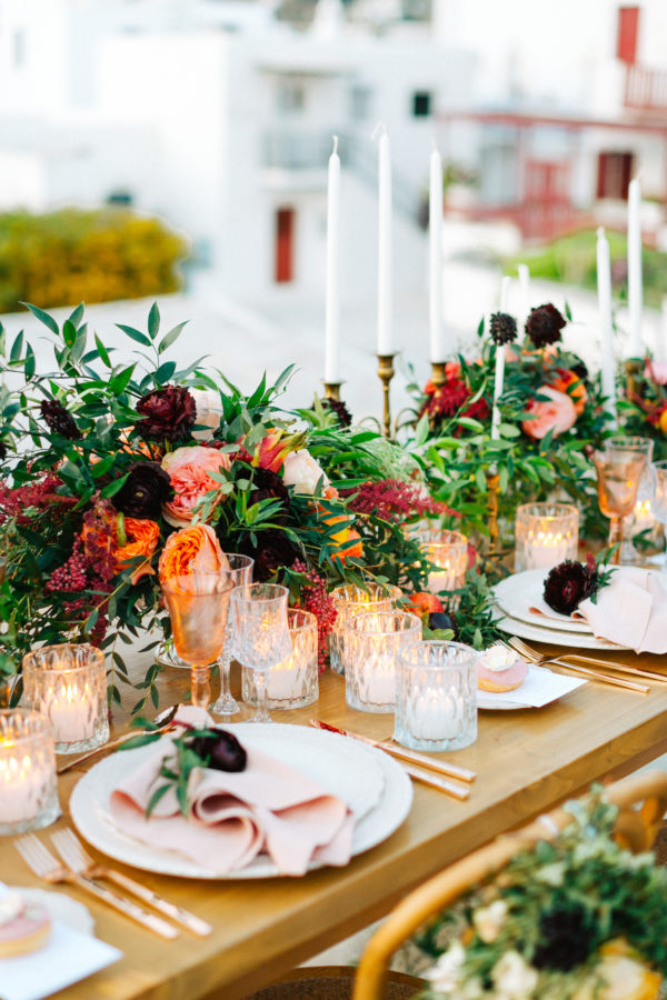 Wedding table decoration set up in Mykonos island, Greece.
