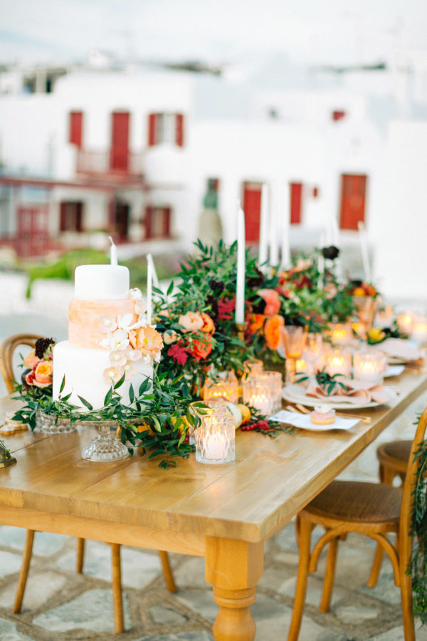 Wedding table decoration set up in Mykonos island, Greece.