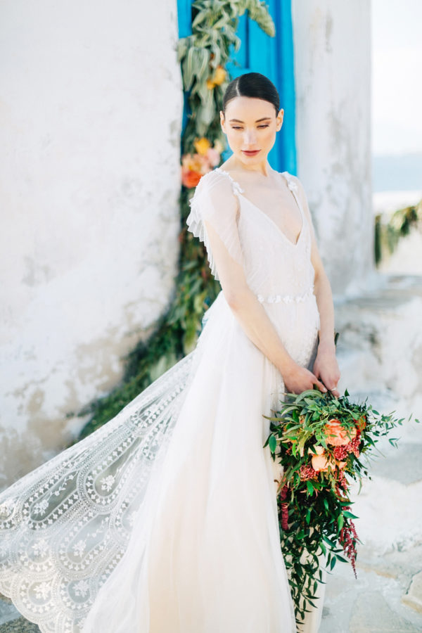 Beautiful modern bride at her wedding in Mykonos island, Greece.