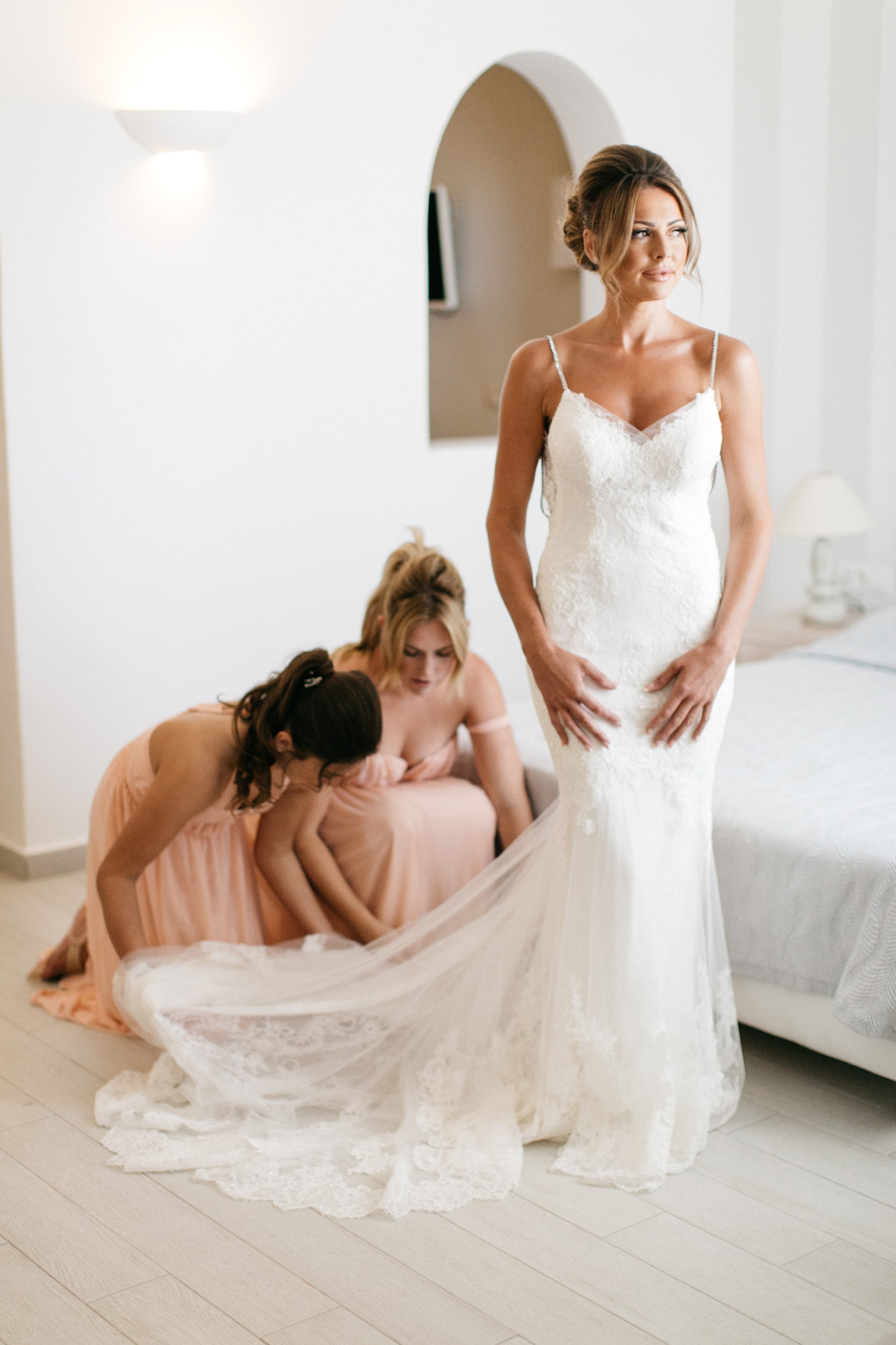 Bridal preparations for luxury white wedding in Santorini island, Greece.