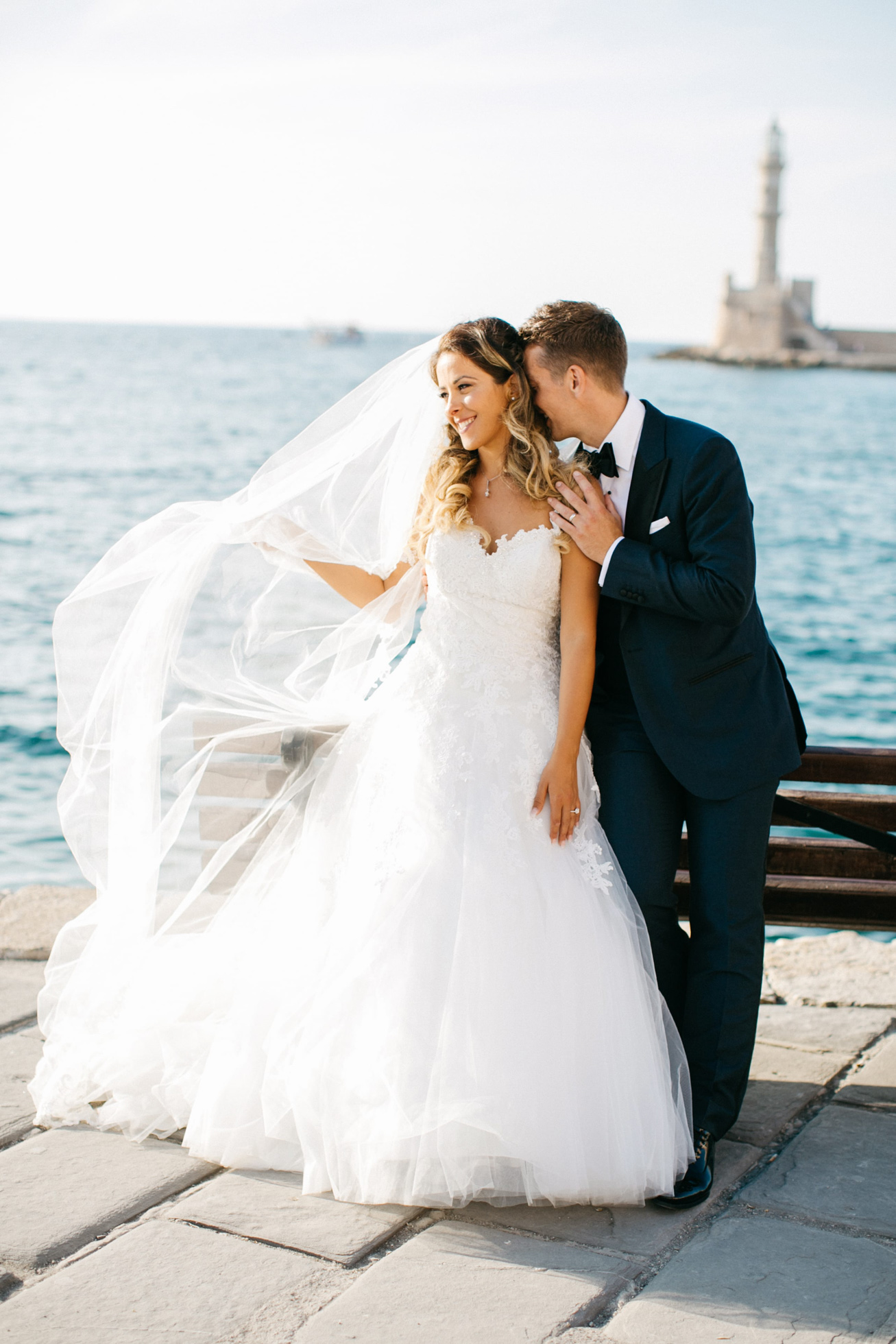 Elegant international couple on their destination wedding day in Chania Crete Greece.