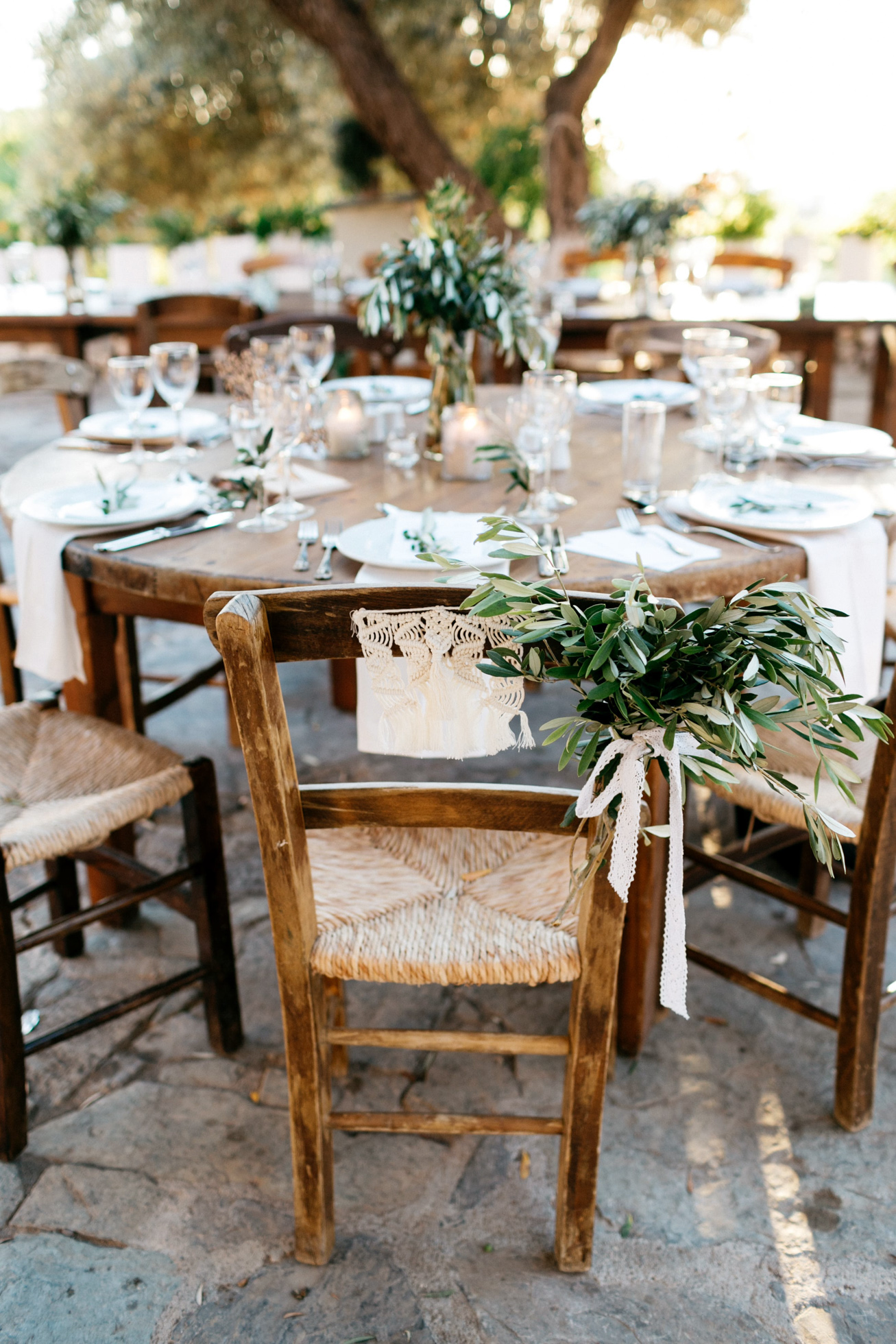 Wedding dinner setup and details in Agreco Farms, Grecotel, Crete, Greece.