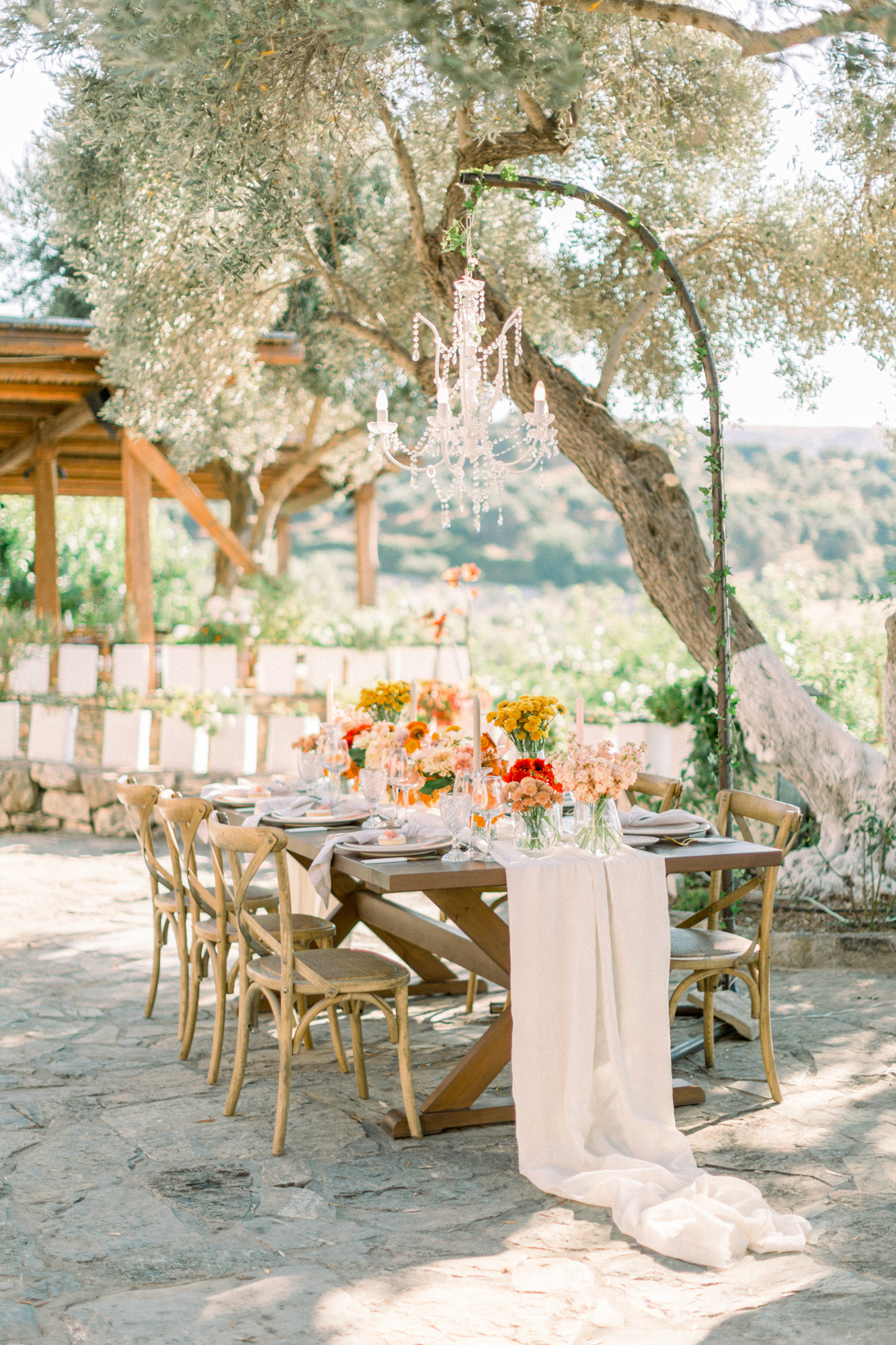 Reception decoration flowers and details by R&C events and Oneiranthi for a wedding editorial in Grecotel Agreco Farms Crete Greece.